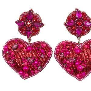 Merveille Heart Sequin Beaded Drop Earrings Hot Pink NEW-J1ESKE0960 Valentines